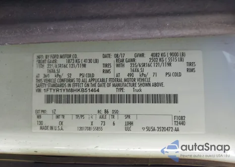 2017 Ford Transit-250 z USA, uszkodzony, nr VIN 1FTYR1YM8HKB51464